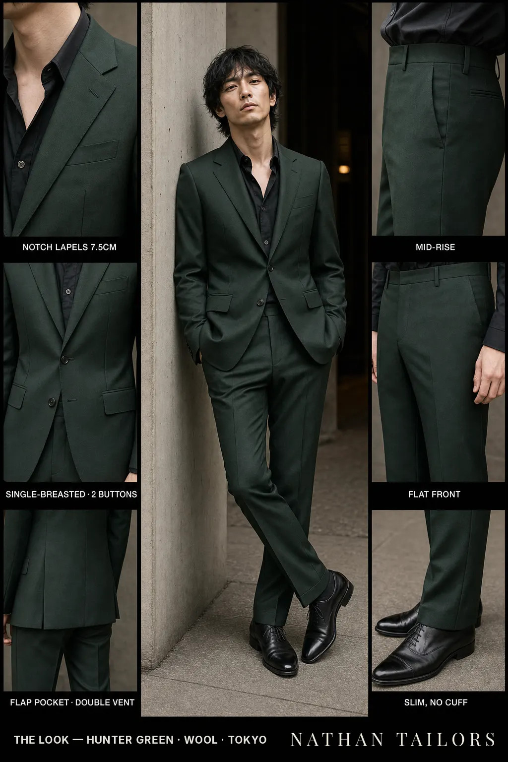 hunter green single-breasted notch-lapel bespoke suit — AI-rendered by Nathan Tailors, the Hoi An custom tailor. Available as a custom tailored suit from $149.
