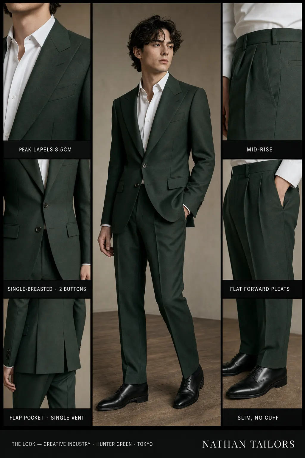 hunter green single-breasted peak-lapel bespoke suit — AI-rendered by Nathan Tailors, the Hoi An custom tailor. Available as a custom tailored suit from $149.