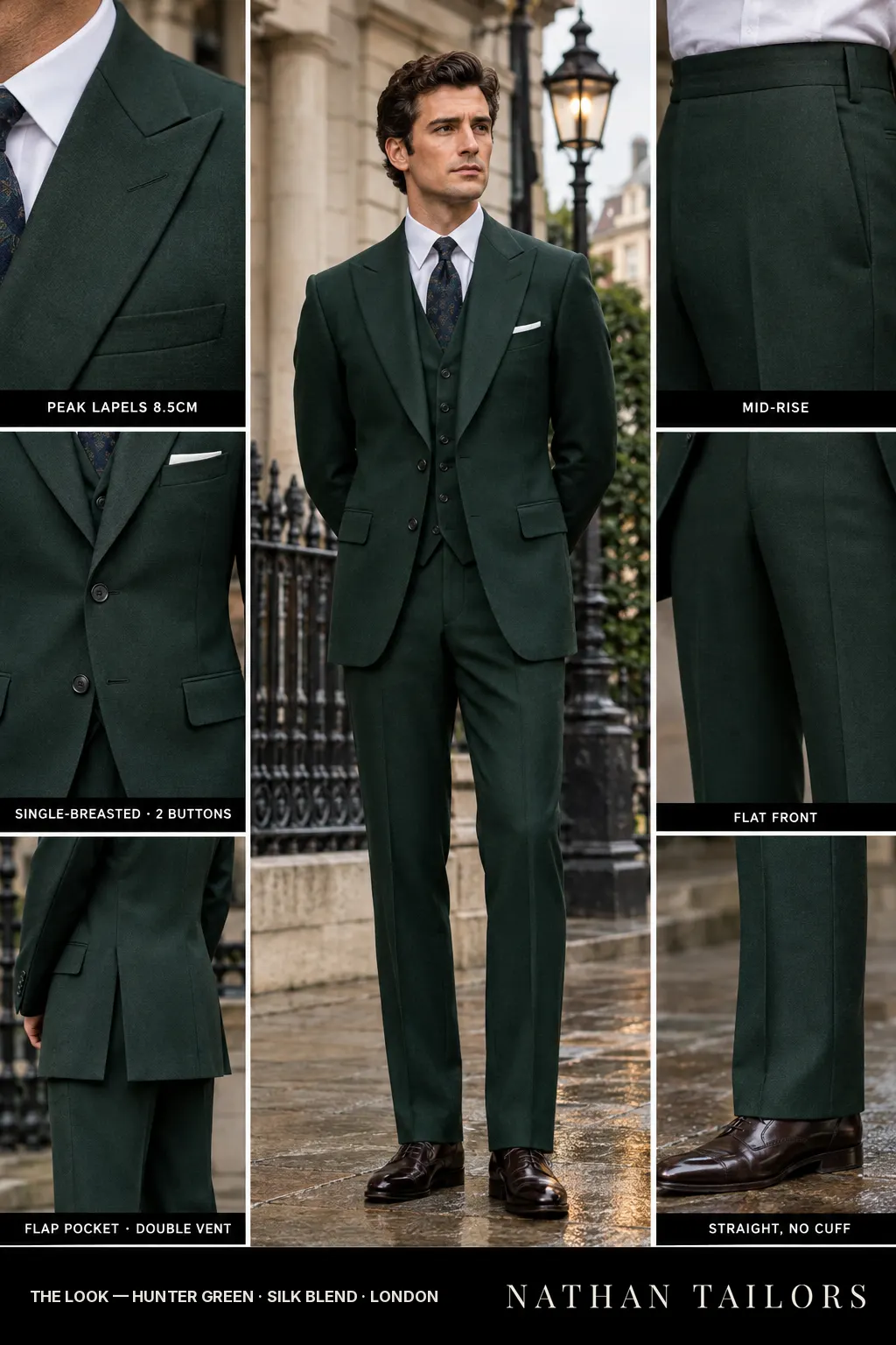 hunter green single-breasted peak-lapel bespoke suit โ AI-rendered by Nathan Tailors, the Hoi An custom tailor. Available as a custom tailored suit from $149.