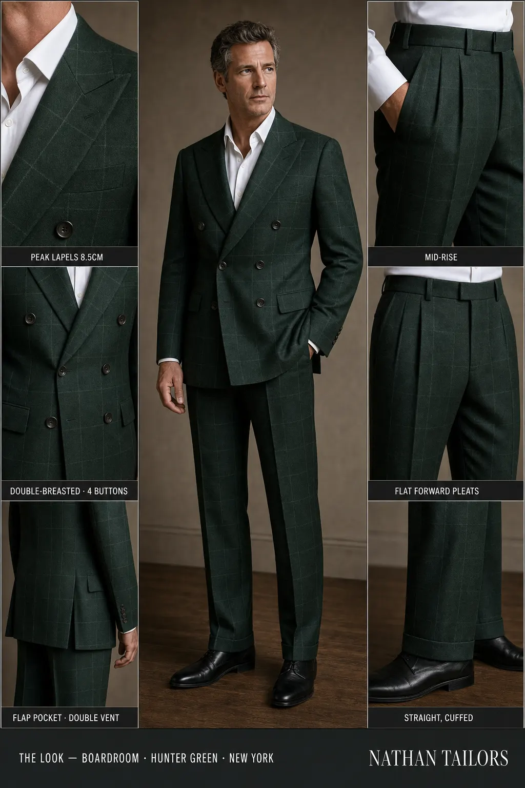 hunter green windowpane double-breasted peak-lapel bespoke suit — AI-rendered by Nathan Tailors, the Hoi An custom tailor. Available as a custom tailored suit from $149.