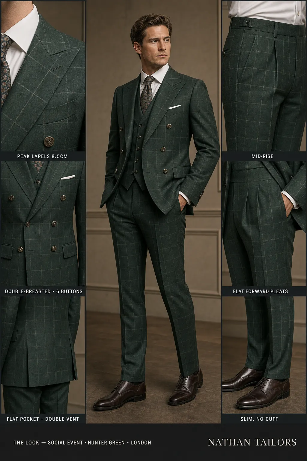 hunter green windowpane double-breasted peak-lapel bespoke suit โ AI-rendered by Nathan Tailors, the Hoi An custom tailor. Available as a custom tailored suit from $149.