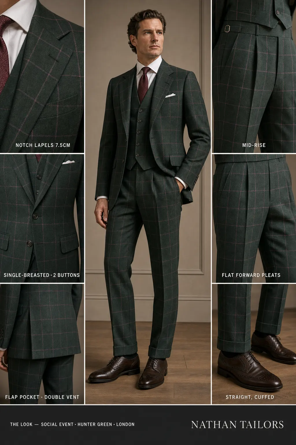 hunter green windowpane single-breasted notch-lapel bespoke suit — AI-rendered by Nathan Tailors, the Hoi An custom tailor. Available as a custom tailored suit from $149.