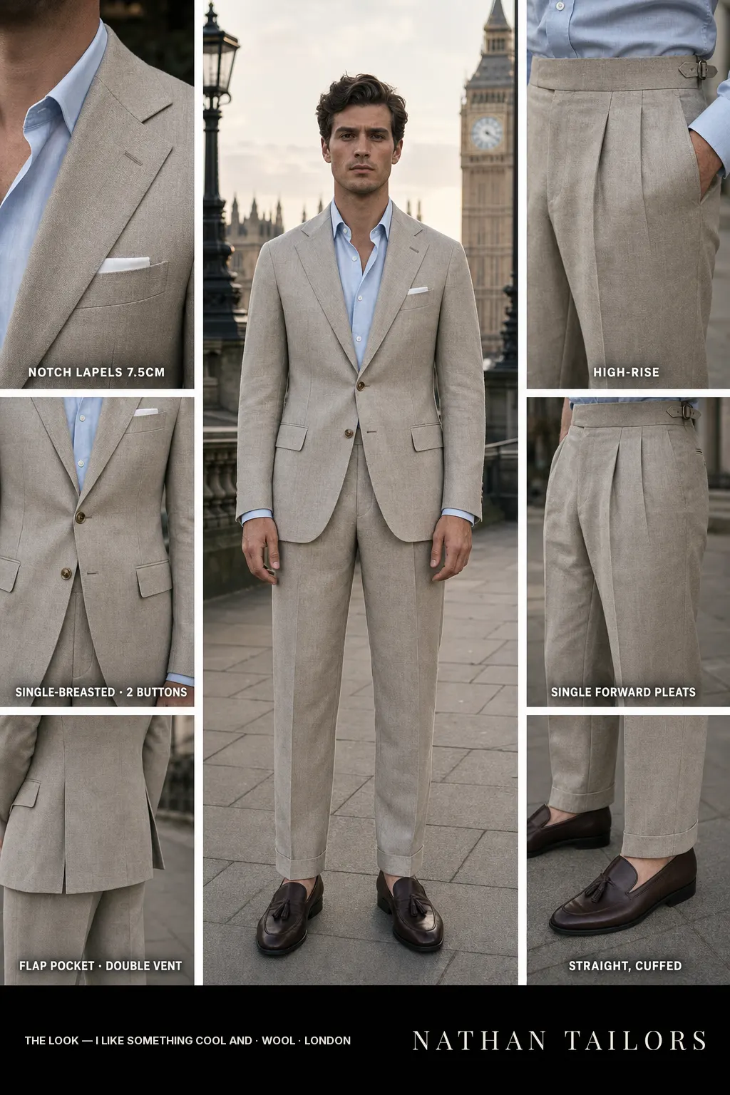 I like something cool and single-breasted notch-lapel bespoke suit โ AI-rendered by Nathan Tailors, the Hoi An custom tailor. Available as a custom tailored suit from $149.