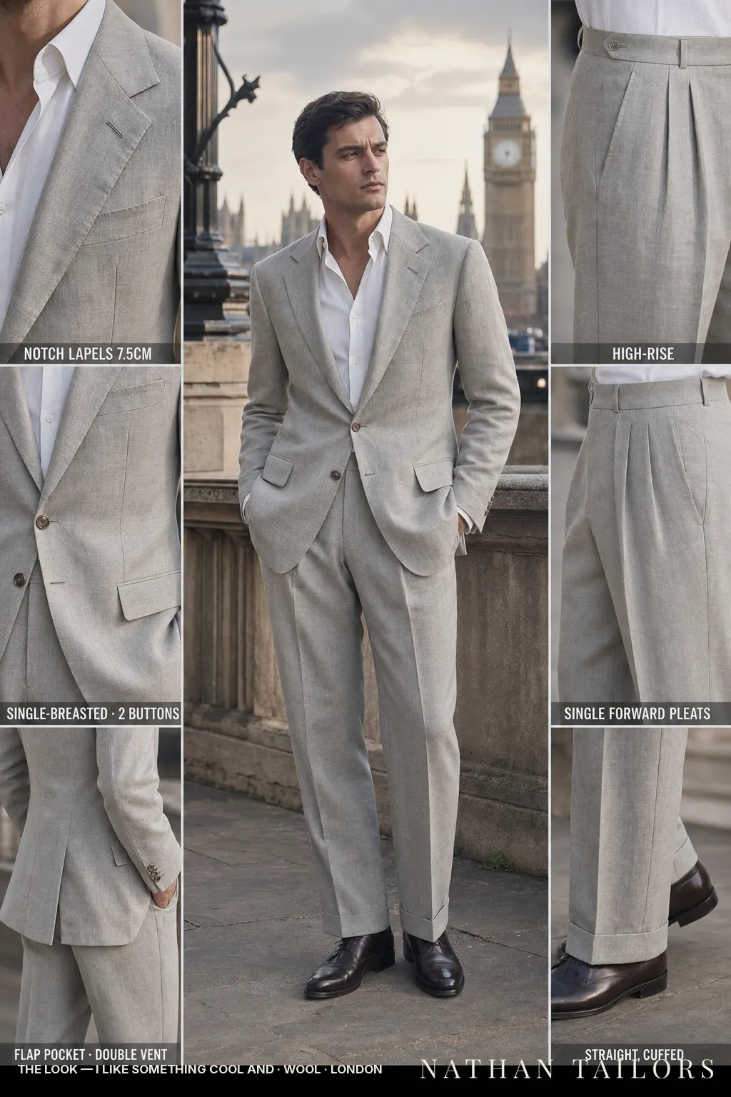 I like something cool and single-breasted notch-lapel bespoke suit — AI-rendered by Nathan Tailors, the Hoi An custom tailor. Available as a custom tailored suit from $149.
