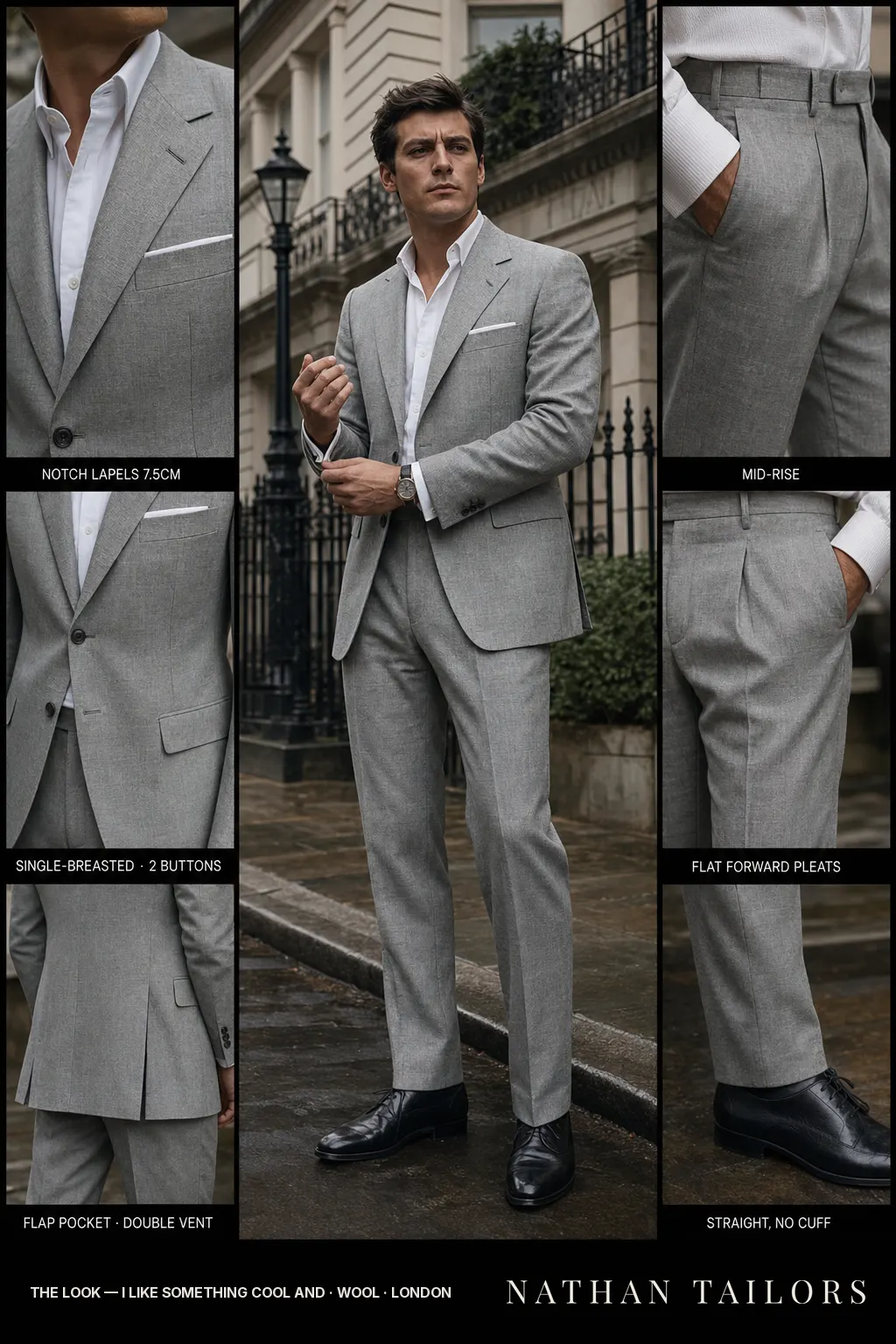 I like something cool and single-breasted notch-lapel bespoke suit — AI-rendered by Nathan Tailors, the Hoi An custom tailor. Available as a custom tailored suit from $149.