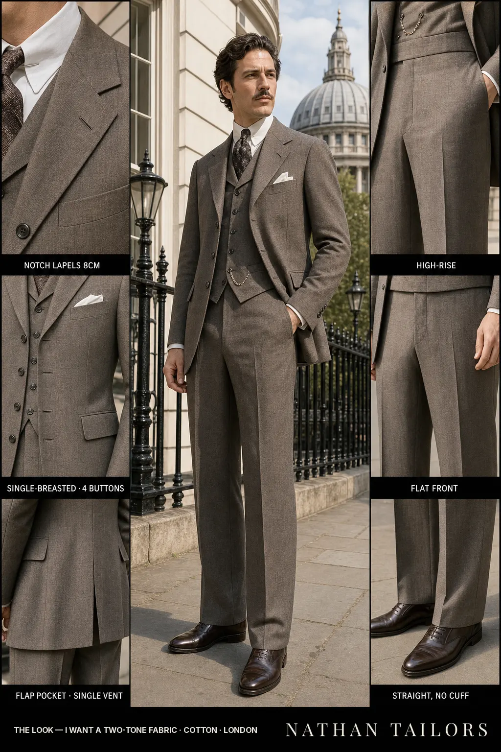 I want a two-tone fabric single-breasted notch-lapel bespoke suit — AI-rendered by Nathan Tailors, the Hoi An custom tailor. Available as a custom tailored suit from $149.