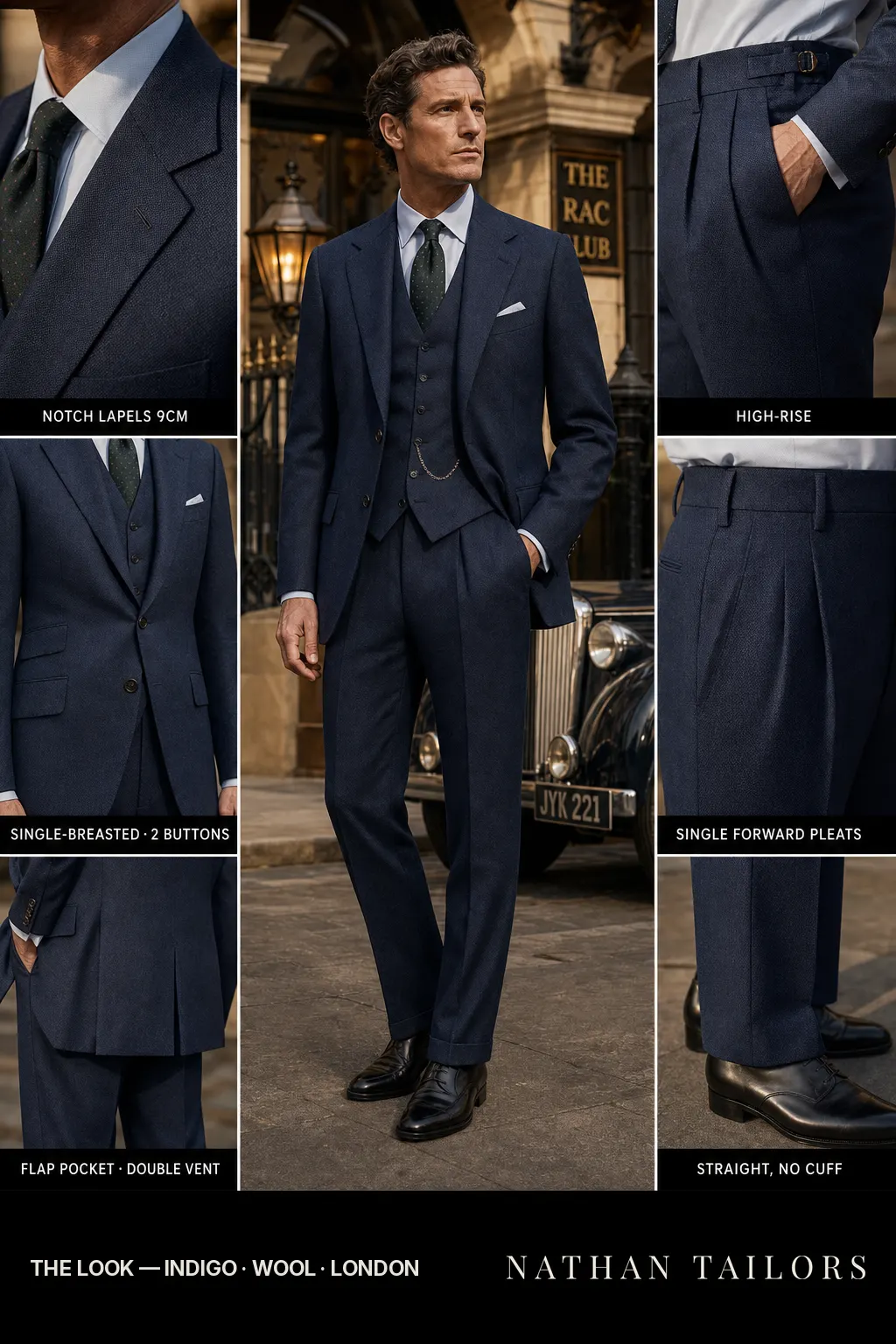 indigo birdseye single-breasted notch-lapel bespoke suit — AI-rendered by Nathan Tailors, the Hoi An custom tailor. Available as a custom tailored suit from $149.