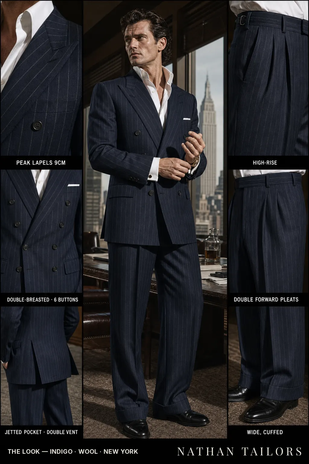 indigo chalk stripe double-breasted peak-lapel bespoke suit — AI-rendered by Nathan Tailors, the Hoi An custom tailor. Available as a custom tailored suit from $149.