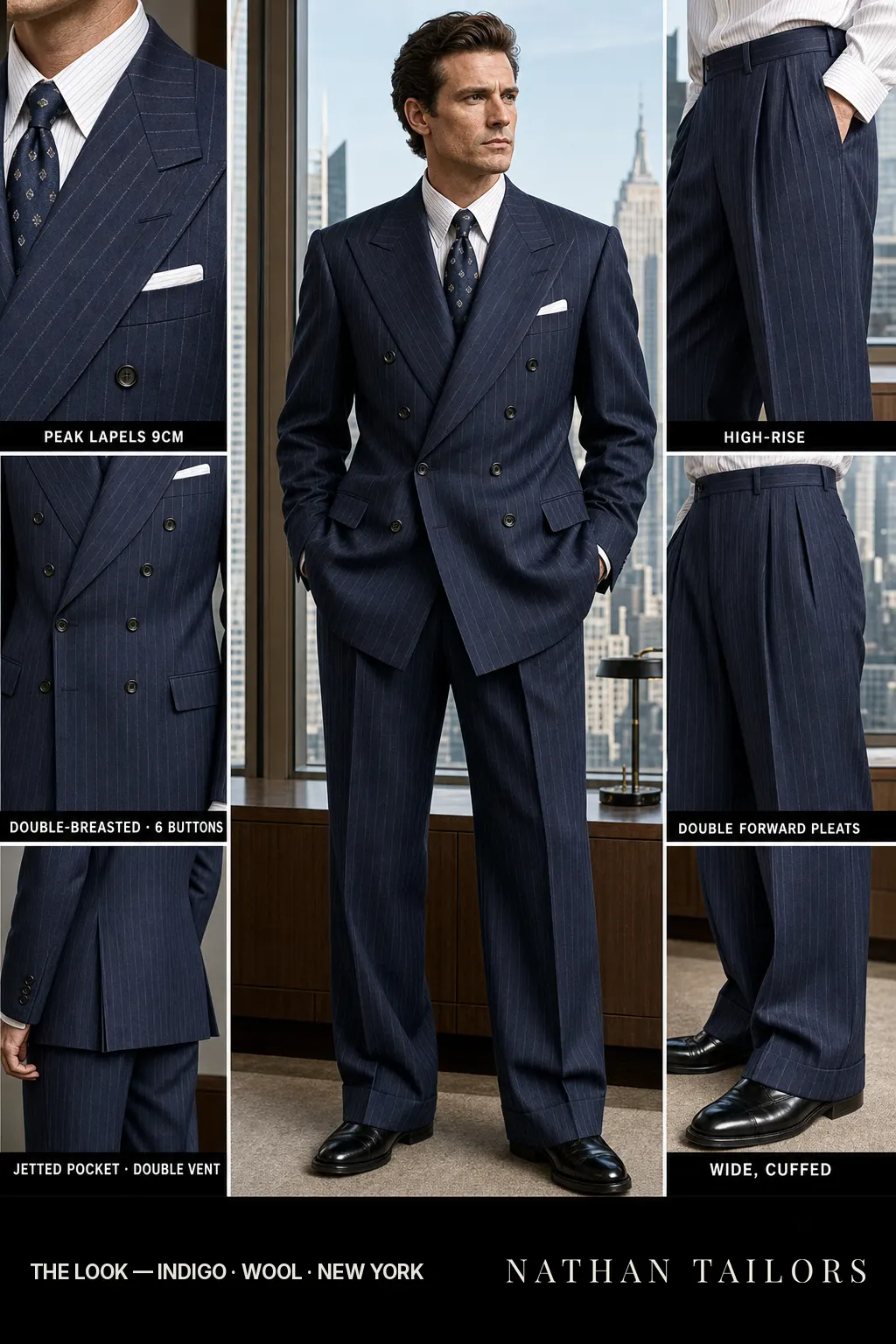 indigo chalk stripe double-breasted peak-lapel bespoke suit — AI-rendered by Nathan Tailors, the Hoi An custom tailor. Available as a custom tailored suit from $149.