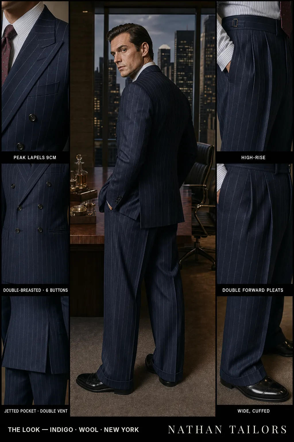 indigo chalk stripe double-breasted peak-lapel bespoke suit — AI-rendered by Nathan Tailors, the Hoi An custom tailor. Available as a custom tailored suit from $149.