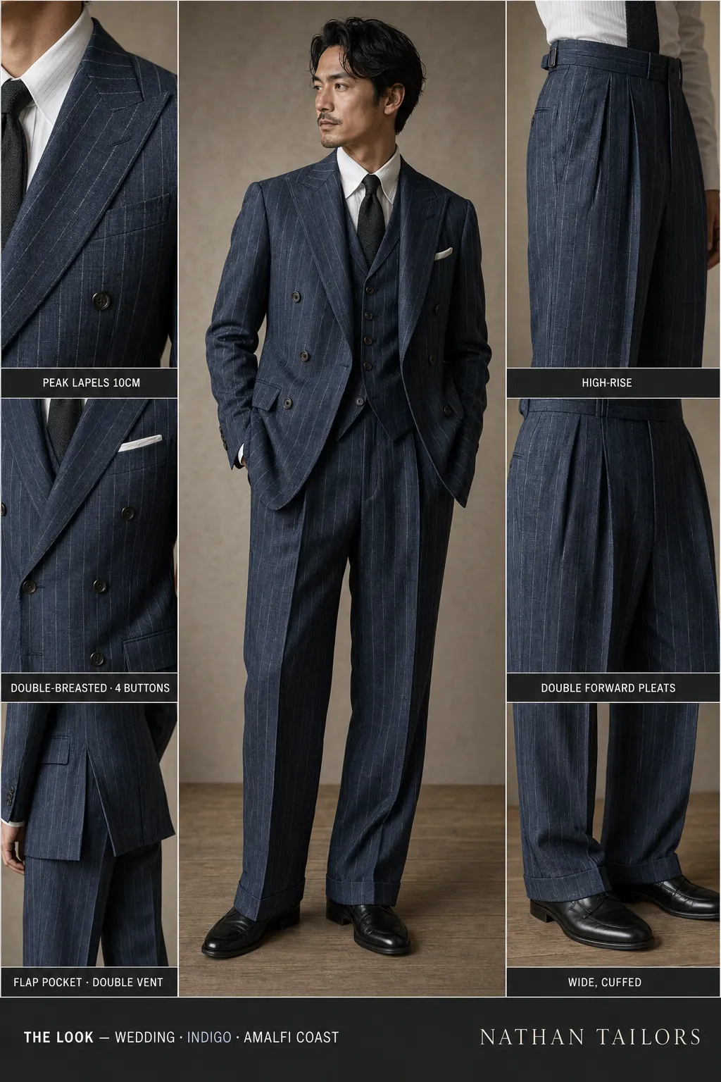 indigo chalk stripe double-breasted peak-lapel bespoke suit โ AI-rendered by Nathan Tailors, the Hoi An custom tailor. Available as a custom tailored suit from $149.
