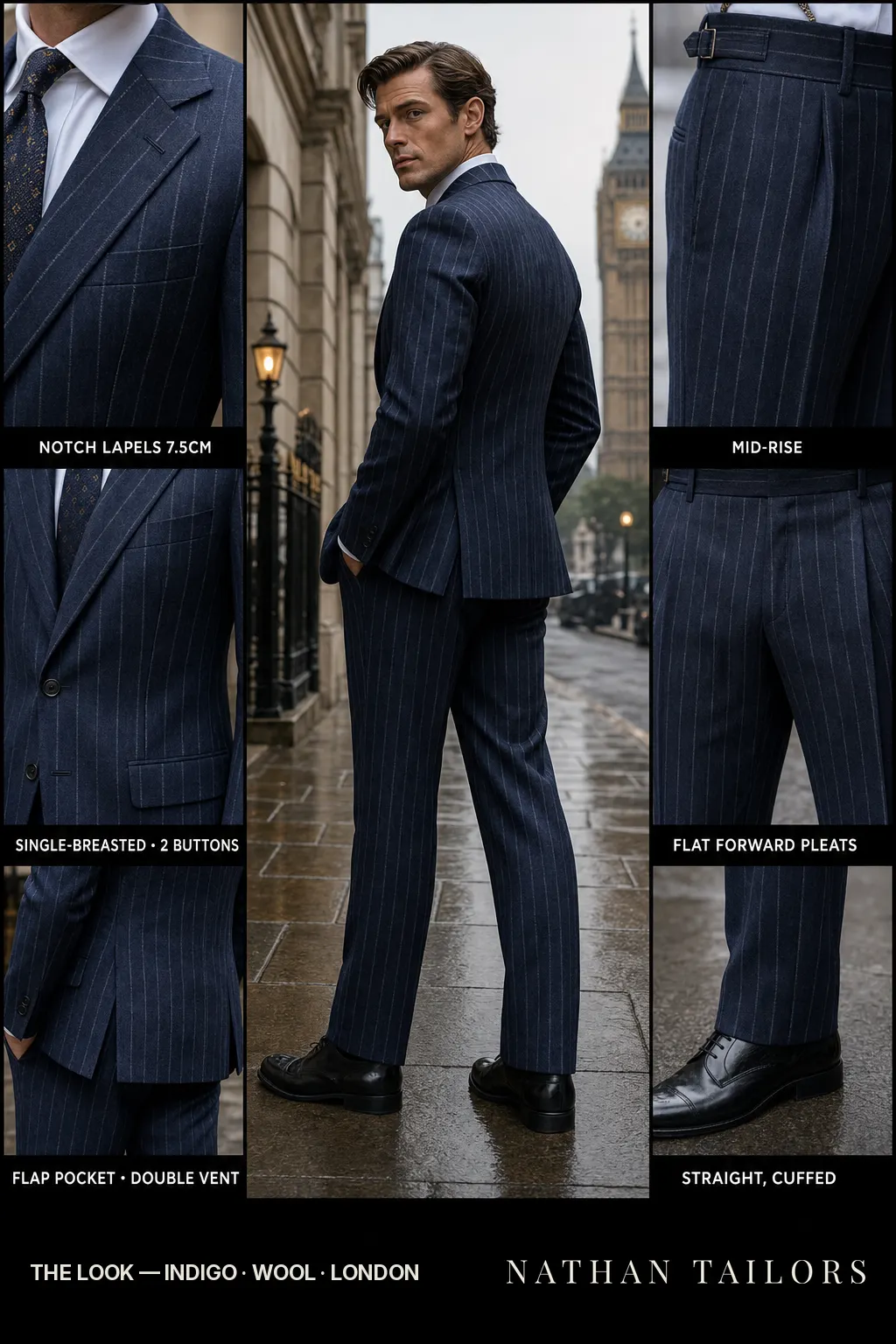 indigo chalk stripe single-breasted notch-lapel bespoke suit — AI-rendered by Nathan Tailors, the Hoi An custom tailor. Available as a custom tailored suit from $149.