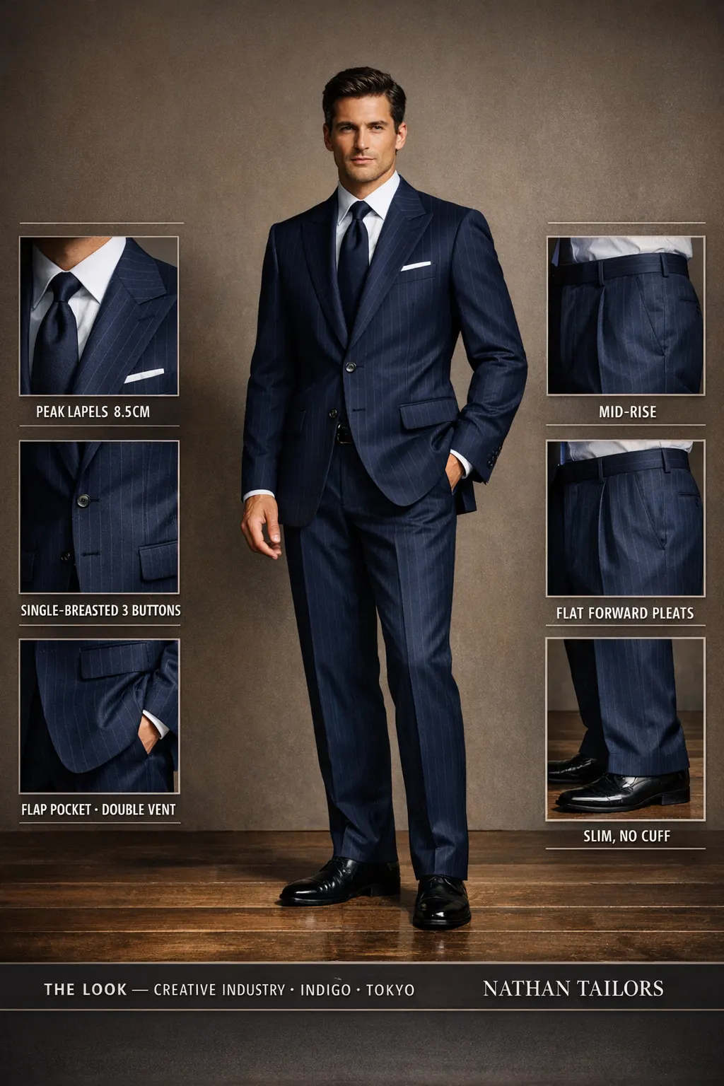 indigo chalk stripe single-breasted peak-lapel bespoke suit โ AI-rendered by Nathan Tailors, the Hoi An custom tailor. Available as a custom tailored suit from $149.