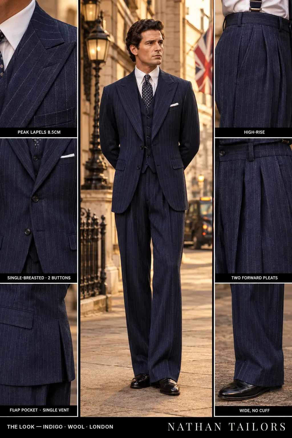 indigo chalk stripe single-breasted peak-lapel bespoke suit — AI-rendered by Nathan Tailors, the Hoi An custom tailor. Available as a custom tailored suit from $149.