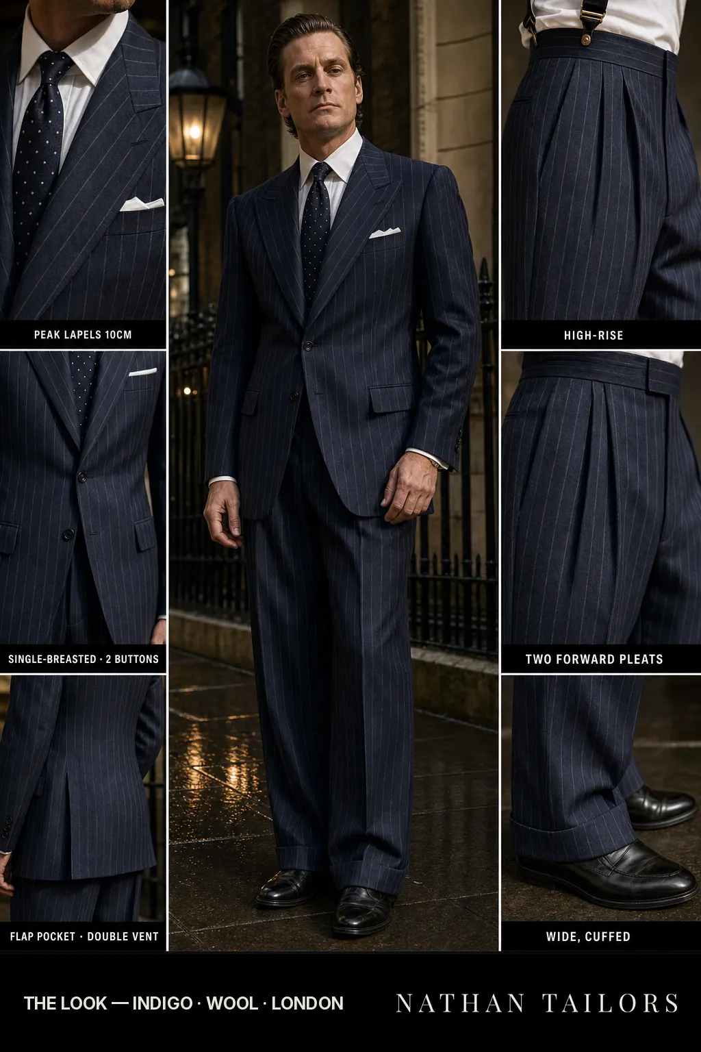 indigo chalk stripe single-breasted peak-lapel bespoke suit โ AI-rendered by Nathan Tailors, the Hoi An custom tailor. Available as a custom tailored suit from $149.