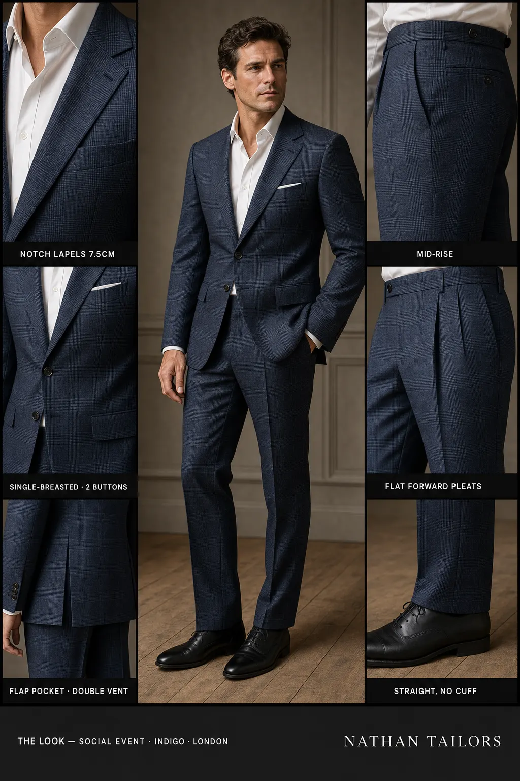 indigo glen plaid single-breasted notch-lapel bespoke suit — AI-rendered by Nathan Tailors, the Hoi An custom tailor. Available as a custom tailored suit from $149.
