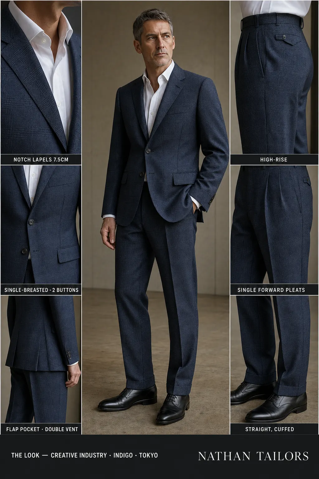 indigo glen plaid single-breasted notch-lapel bespoke suit โ AI-rendered by Nathan Tailors, the Hoi An custom tailor. Available as a custom tailored suit from $149.