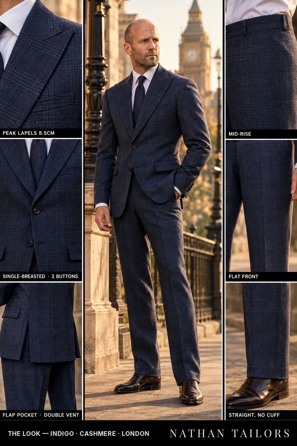indigo glen plaid single-breasted peak-lapel bespoke suit — AI-rendered by Nathan Tailors, the Hoi An custom tailor. Available as a custom tailored suit from $149.