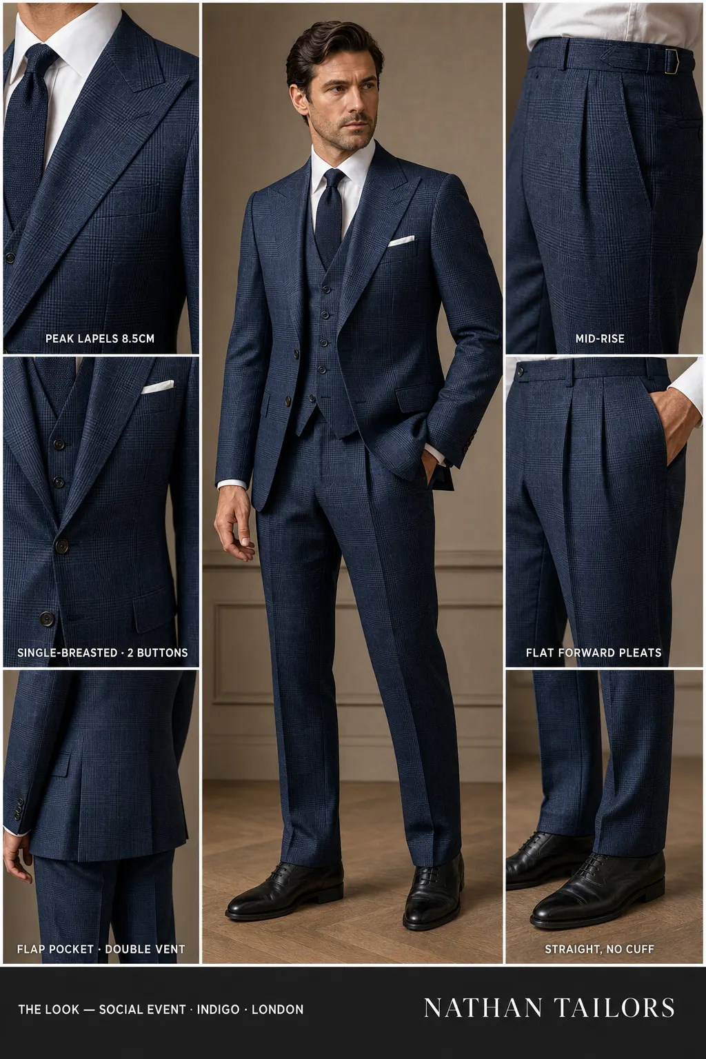 indigo glen plaid single-breasted peak-lapel bespoke suit — AI-rendered by Nathan Tailors, the Hoi An custom tailor. Available as a custom tailored suit from $149.