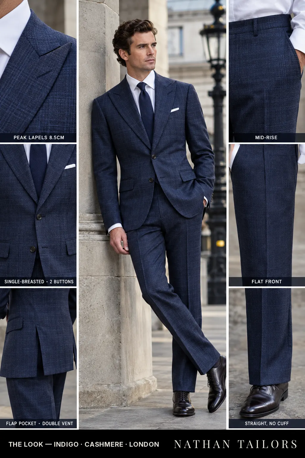 indigo glen plaid single-breasted peak-lapel bespoke suit — AI-rendered by Nathan Tailors, the Hoi An custom tailor. Available as a custom tailored suit from $149.