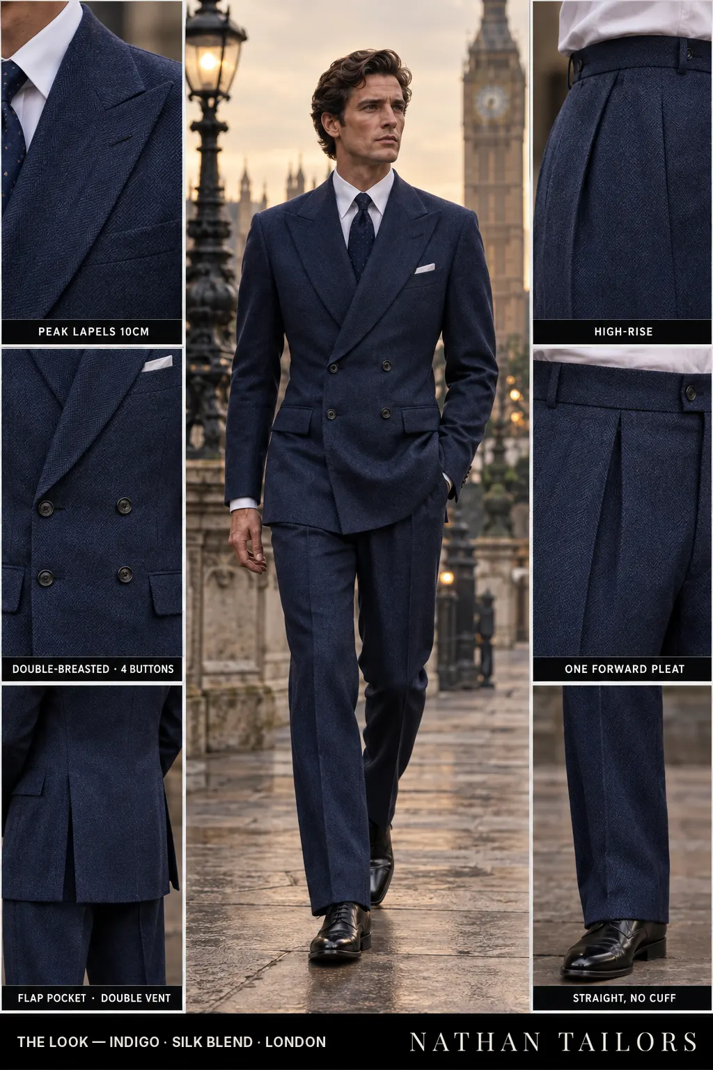 indigo herringbone double-breasted bespoke suit — custom tailored by Nathan Tailors, the Hoi An custom tailor