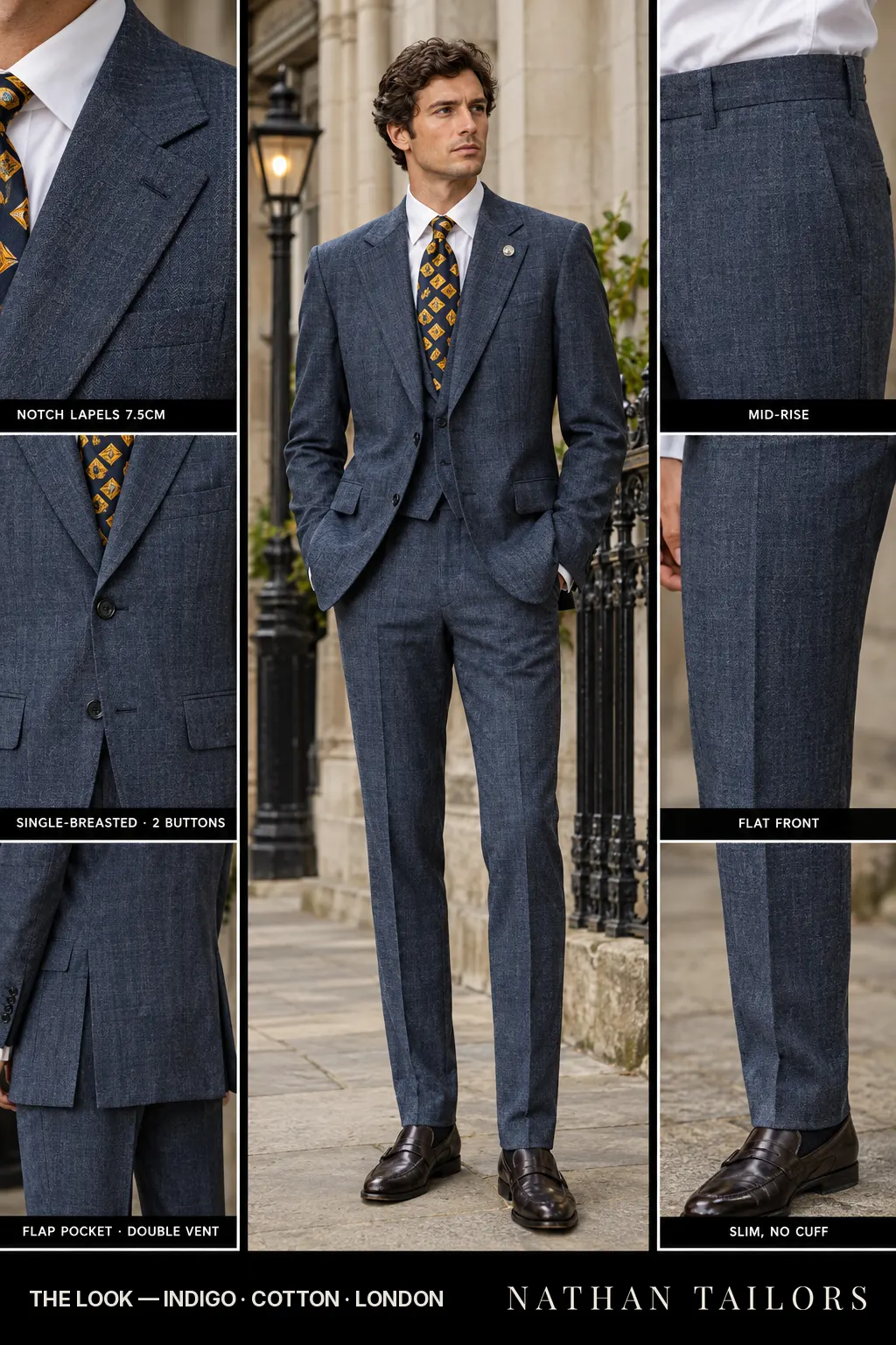 indigo herringbone single-breasted notch-lapel bespoke suit — AI-rendered by Nathan Tailors, the Hoi An custom tailor. Available as a custom tailored suit from $169.