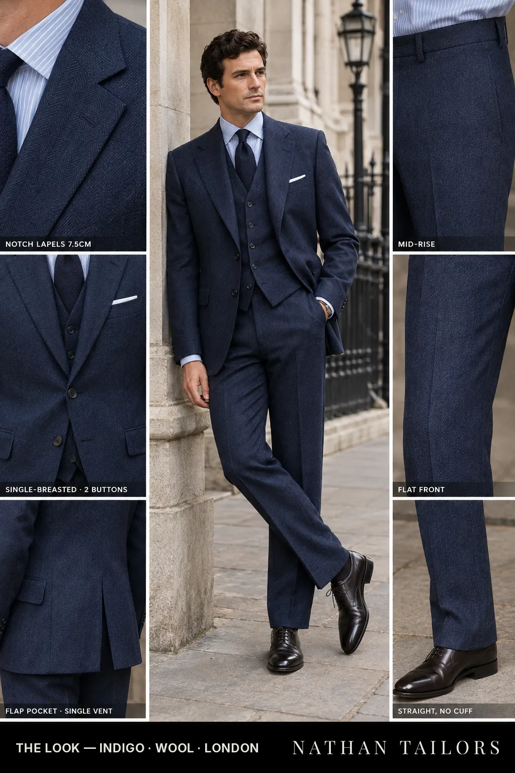 indigo herringbone single-breasted bespoke suit — custom tailored by Nathan Tailors, the Hoi An custom tailor