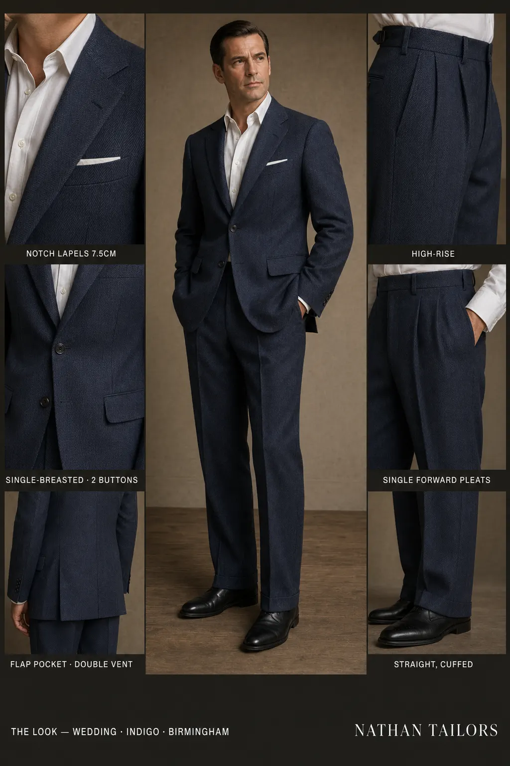 indigo herringbone single-breasted notch-lapel bespoke suit — AI-rendered by Nathan Tailors, the Hoi An custom tailor. Available as a custom tailored suit from $149.