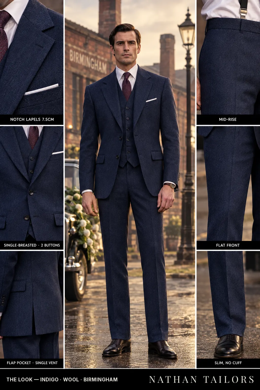 indigo herringbone single-breasted bespoke suit โ custom tailored by Nathan Tailors, the Hoi An custom tailor