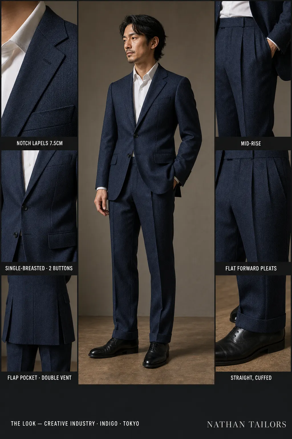 indigo herringbone single-breasted notch-lapel bespoke suit — AI-rendered by Nathan Tailors, the Hoi An custom tailor. Available as a custom tailored suit from $149.