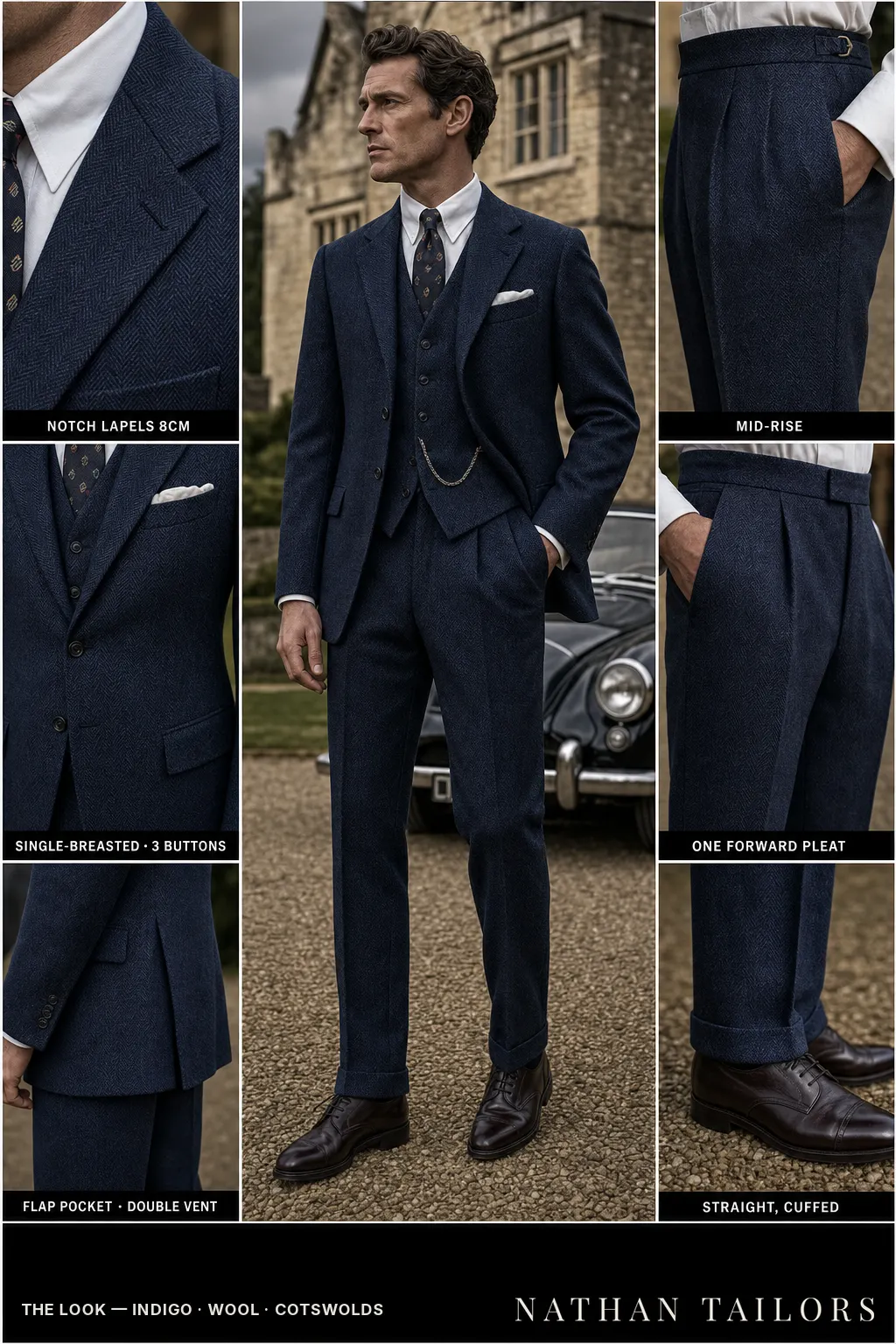 indigo herringbone single-breasted notch-lapel bespoke suit — AI-rendered by Nathan Tailors, the Hoi An custom tailor. Available as a custom tailored suit from $149.