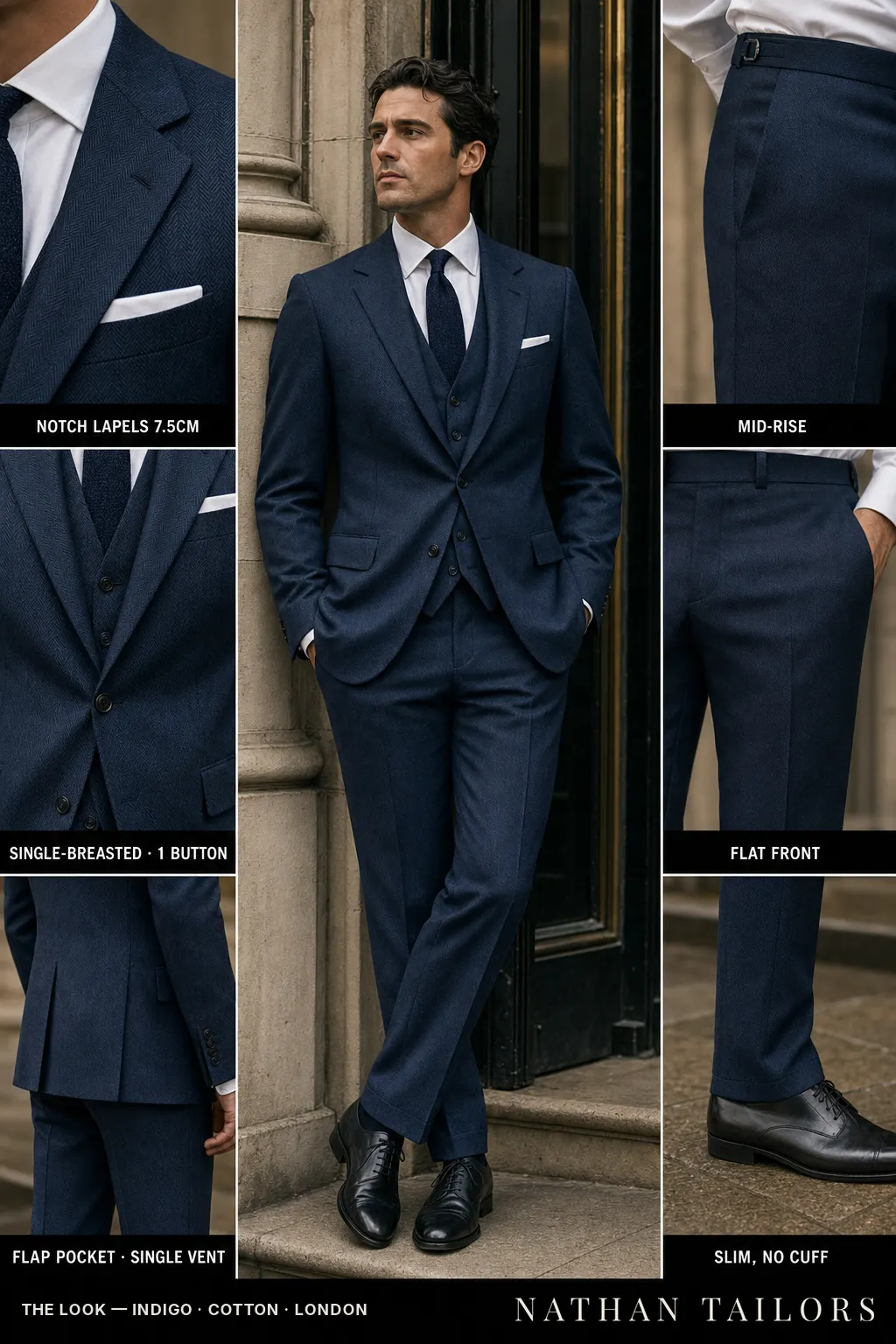indigo herringbone single-breasted notch-lapel bespoke suit — AI-rendered by Nathan Tailors, the Hoi An custom tailor. Available as a custom tailored suit from $149.