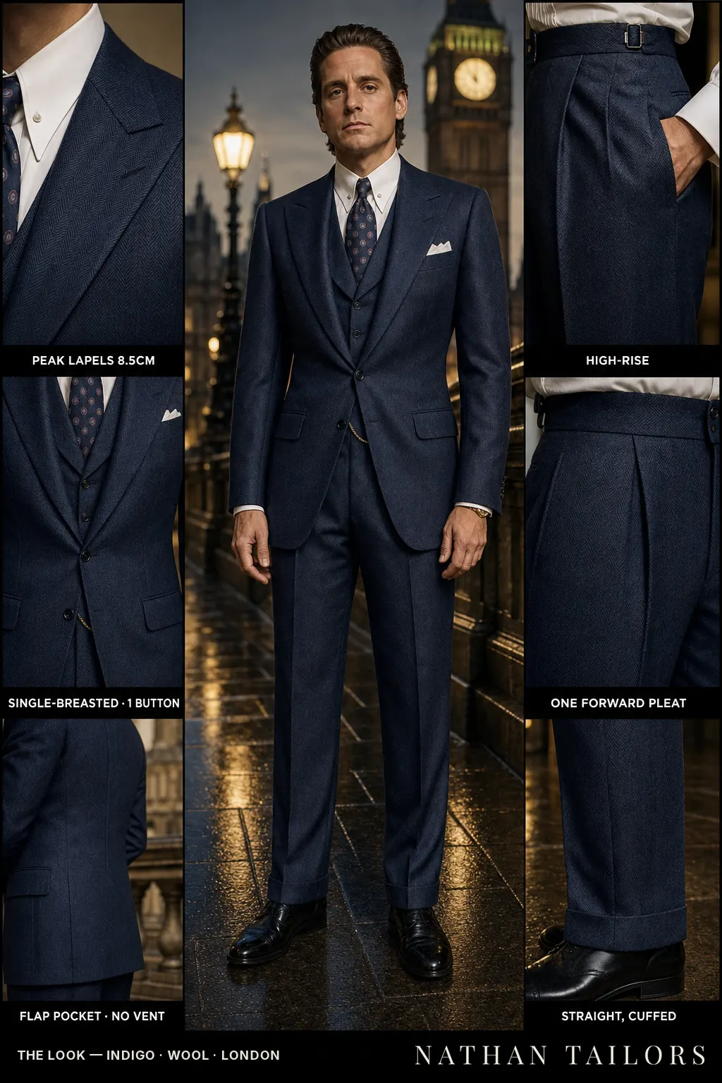 indigo herringbone single-breasted bespoke suit — custom tailored by Nathan Tailors, the Hoi An custom tailor