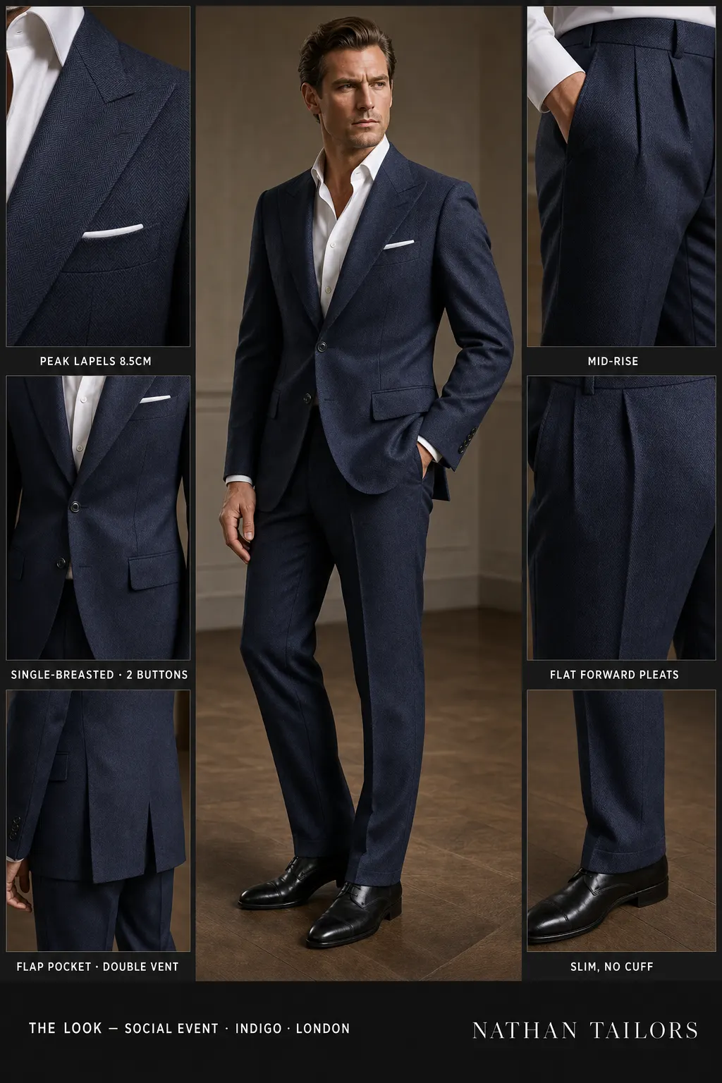 indigo herringbone single-breasted peak-lapel bespoke suit โ AI-rendered by Nathan Tailors, the Hoi An custom tailor. Available as a custom tailored suit from $149.
