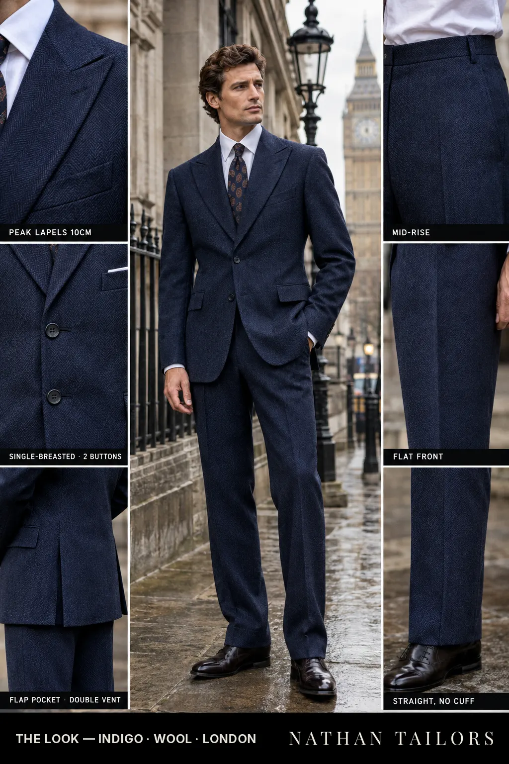 indigo herringbone single-breasted bespoke suit — custom tailored by Nathan Tailors, the Hoi An custom tailor