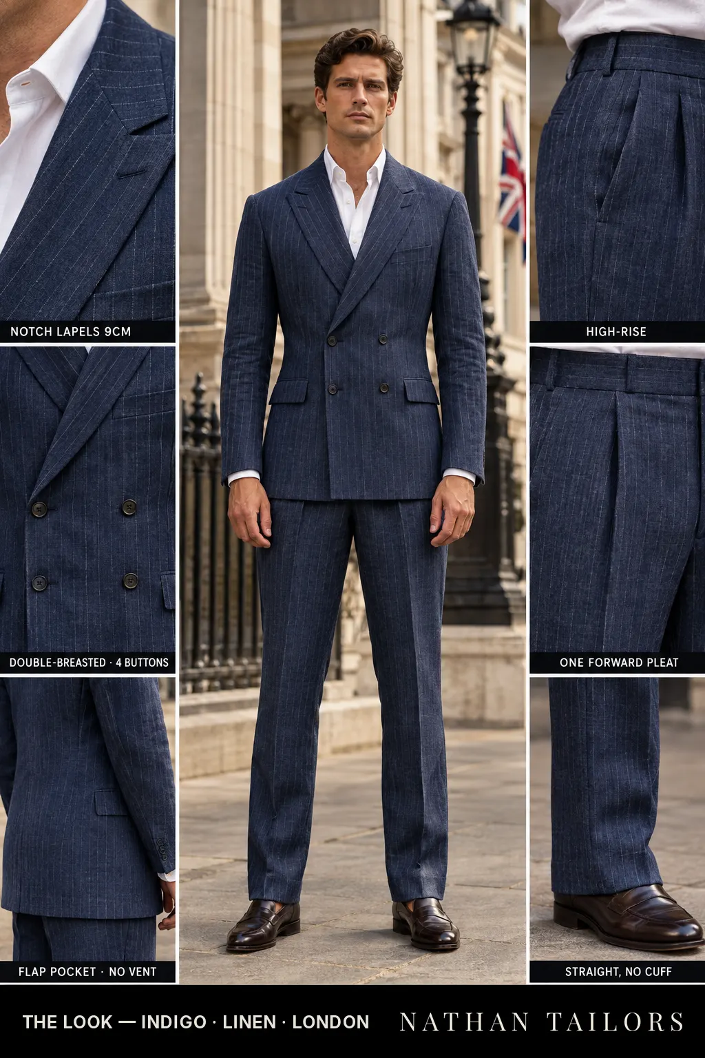 indigo pinstripe double-breasted bespoke suit — custom tailored by Nathan Tailors, the Hoi An custom tailor