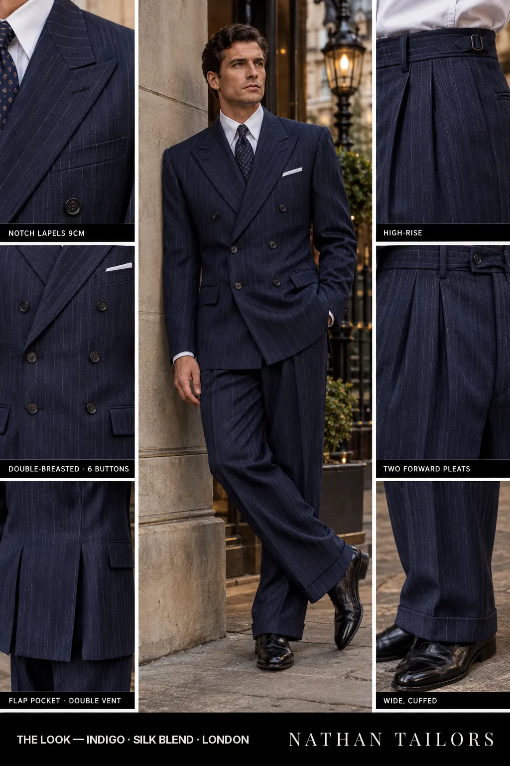 indigo pinstripe double-breasted notch-lapel bespoke suit — AI-rendered by Nathan Tailors, the Hoi An custom tailor. Available as a custom tailored suit from $149.