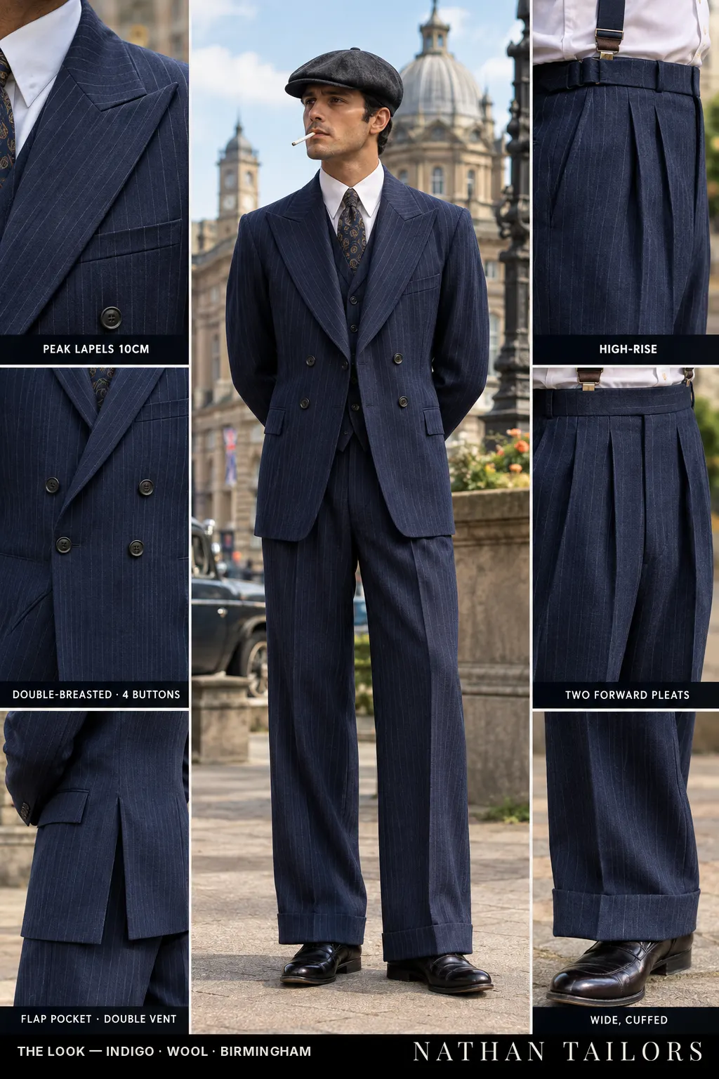 indigo pinstripe double-breasted peak-lapel bespoke suit โ AI-rendered by Nathan Tailors, the Hoi An custom tailor. Available as a custom tailored suit from $149.