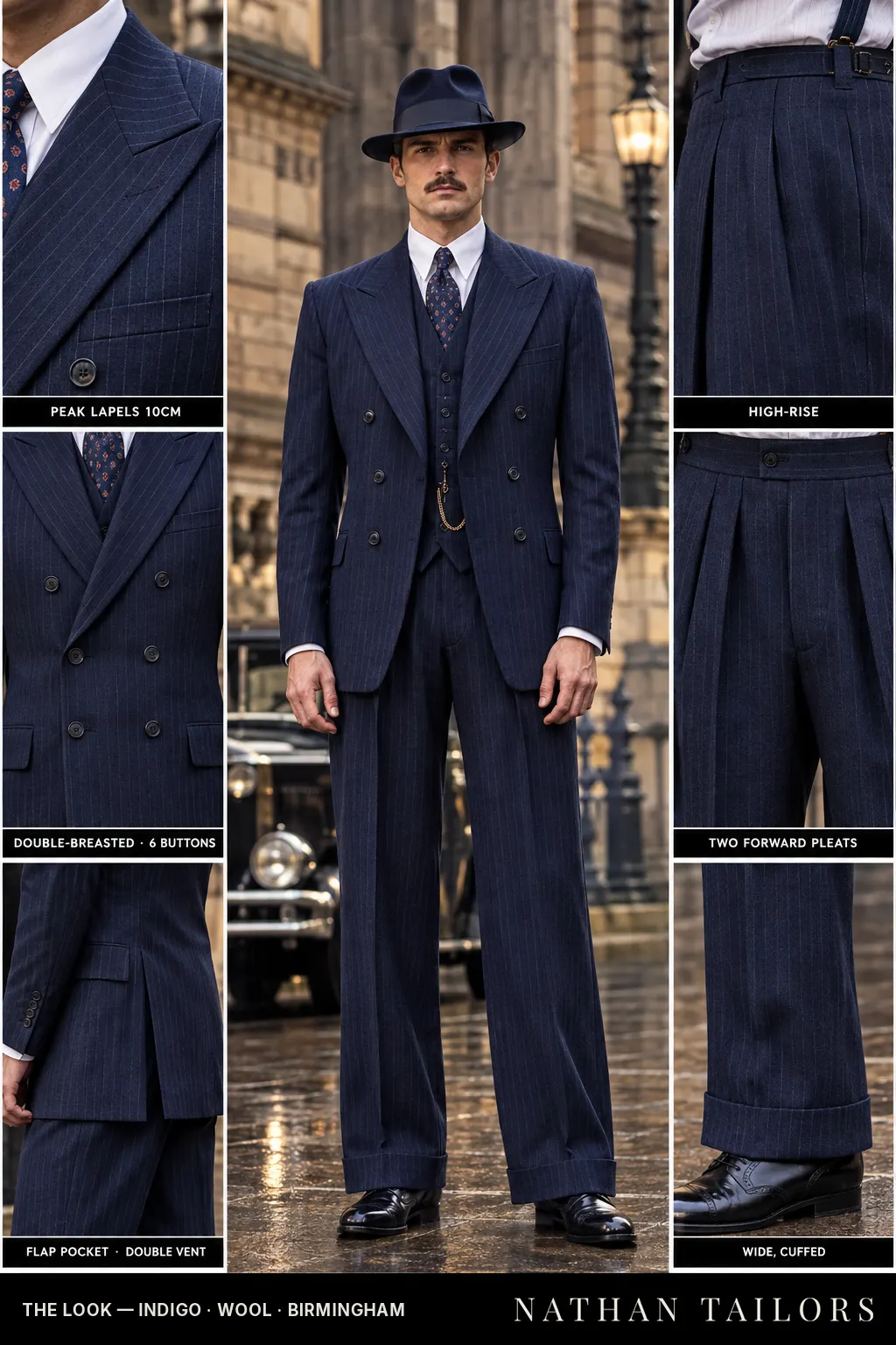 indigo pinstripe double-breasted bespoke suit โ custom tailored by Nathan Tailors, the Hoi An custom tailor
