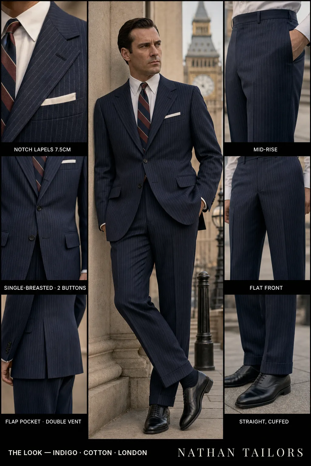 indigo pinstripe single-breasted notch-lapel bespoke suit โ AI-rendered by Nathan Tailors, the Hoi An custom tailor. Available as a custom tailored suit from $149.