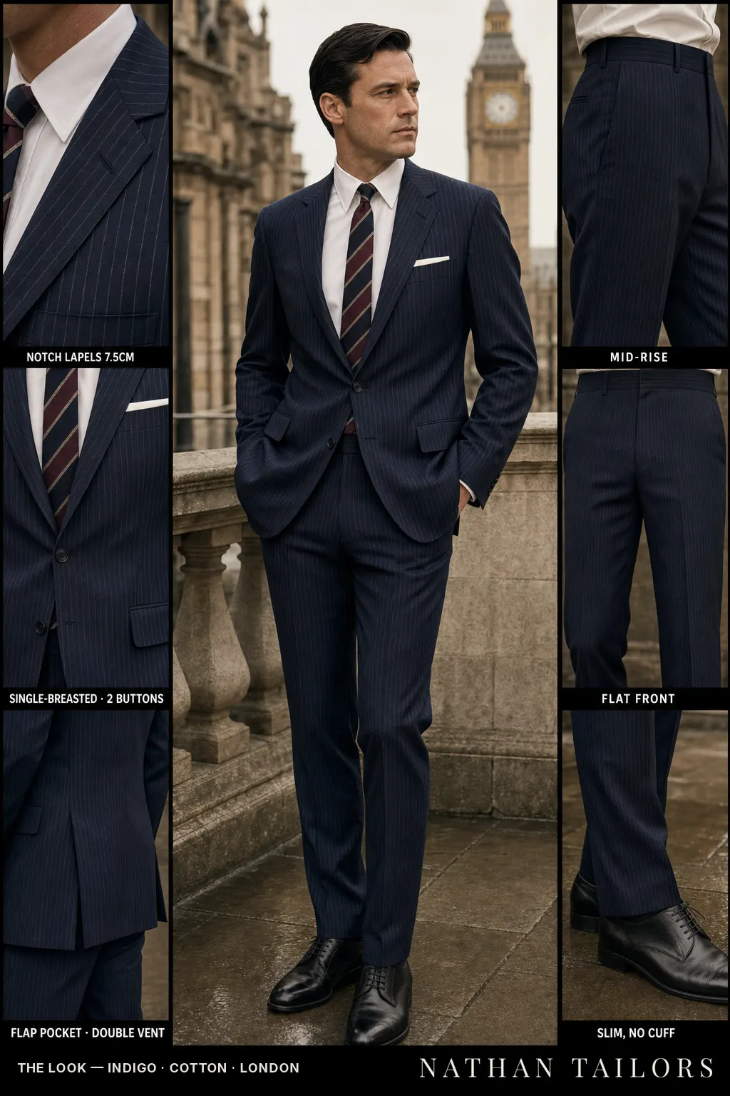 indigo pinstripe single-breasted bespoke suit — custom tailored by Nathan Tailors, the Hoi An custom tailor