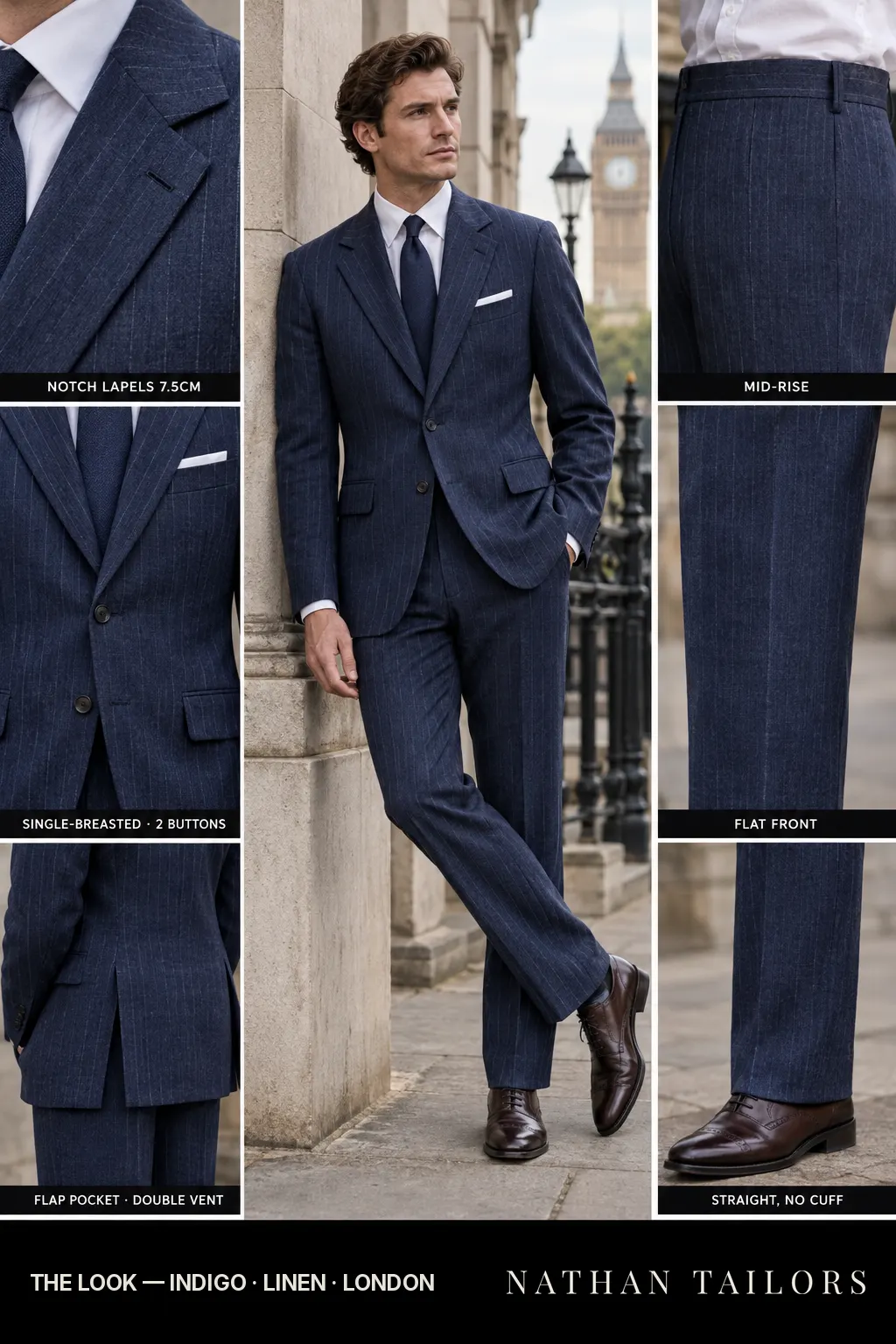 indigo pinstripe single-breasted bespoke suit โ custom tailored by Nathan Tailors, the Hoi An custom tailor