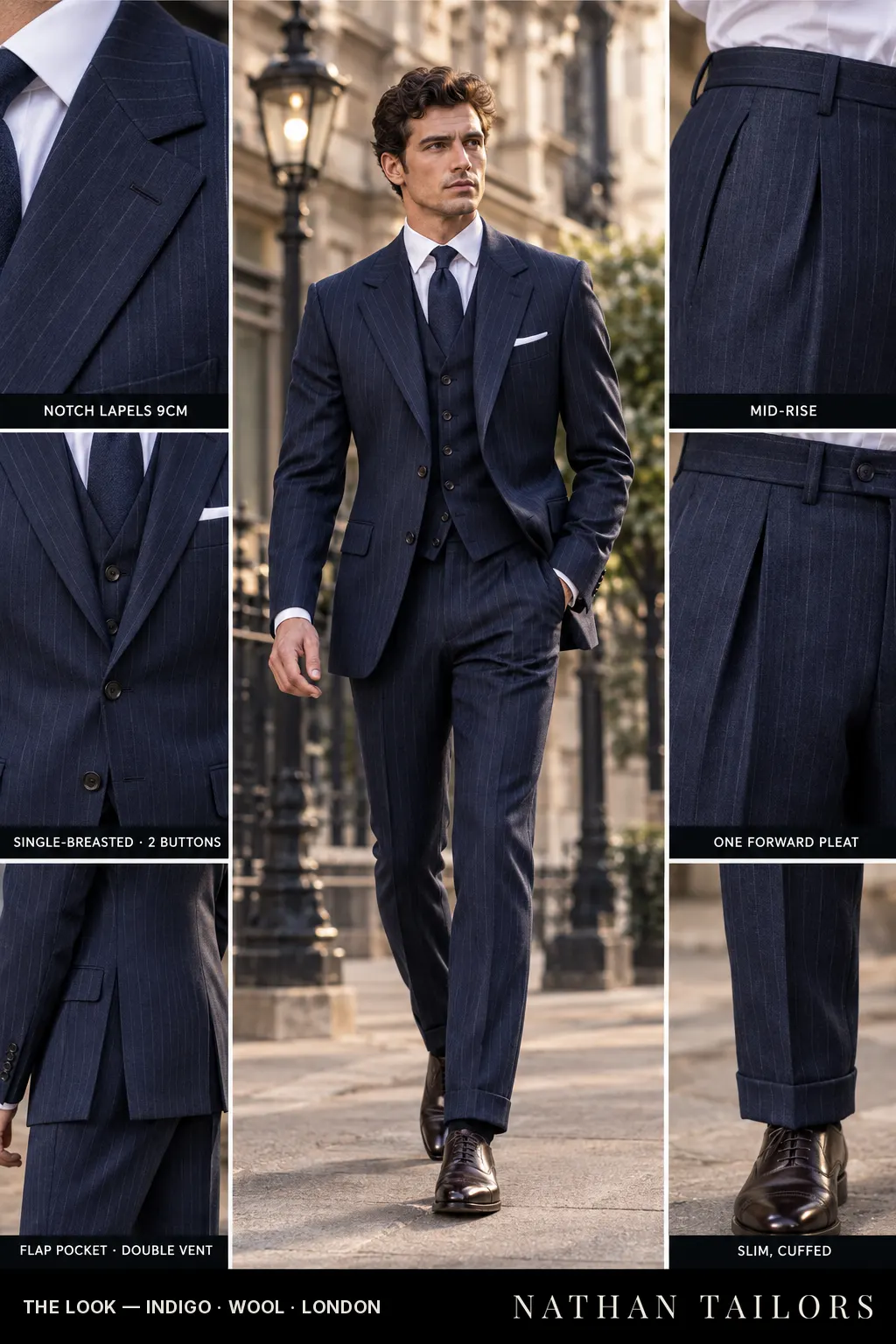 indigo pinstripe single-breasted bespoke suit โ custom tailored by Nathan Tailors, the Hoi An custom tailor