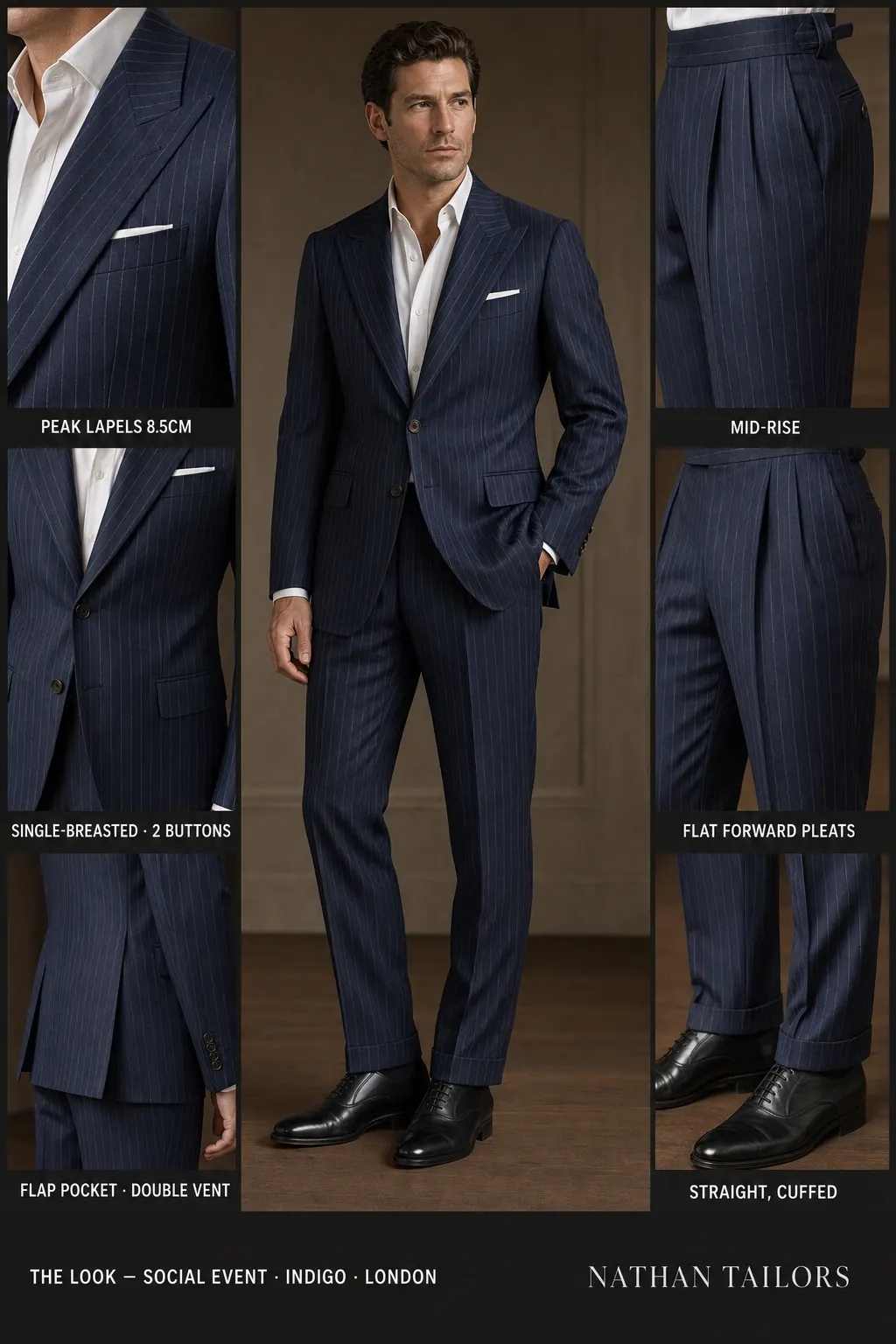 indigo pinstripe single-breasted peak-lapel bespoke suit — AI-rendered by Nathan Tailors, the Hoi An custom tailor. Available as a custom tailored suit from $149.