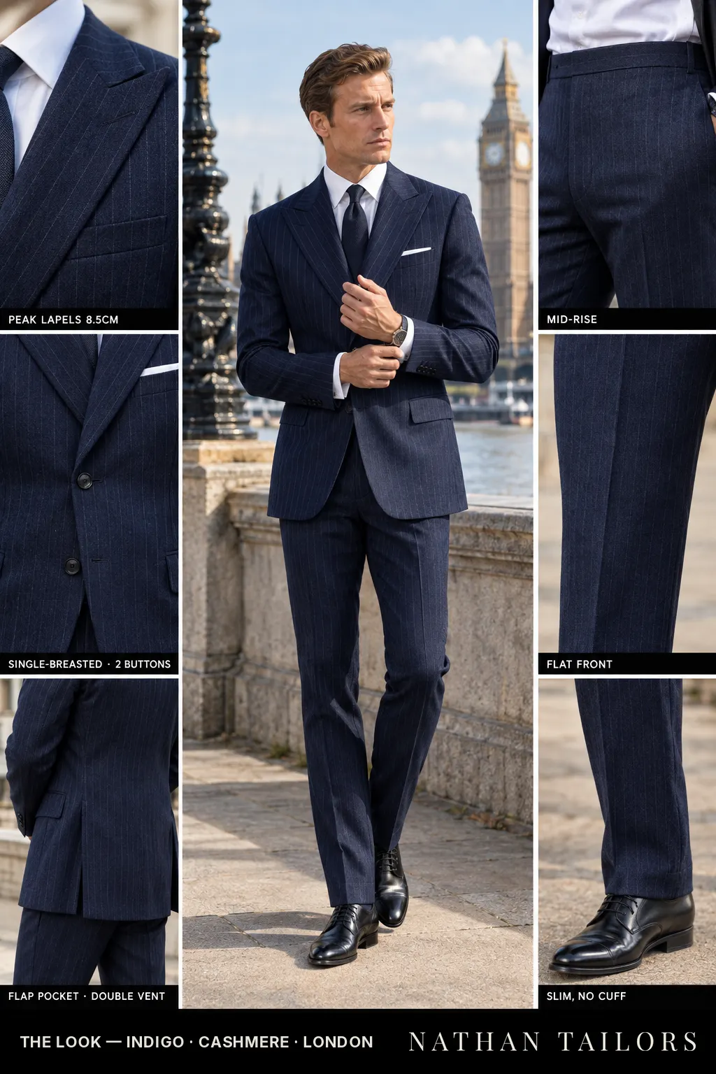 indigo pinstripe single-breasted bespoke suit โ custom tailored by Nathan Tailors, the Hoi An custom tailor