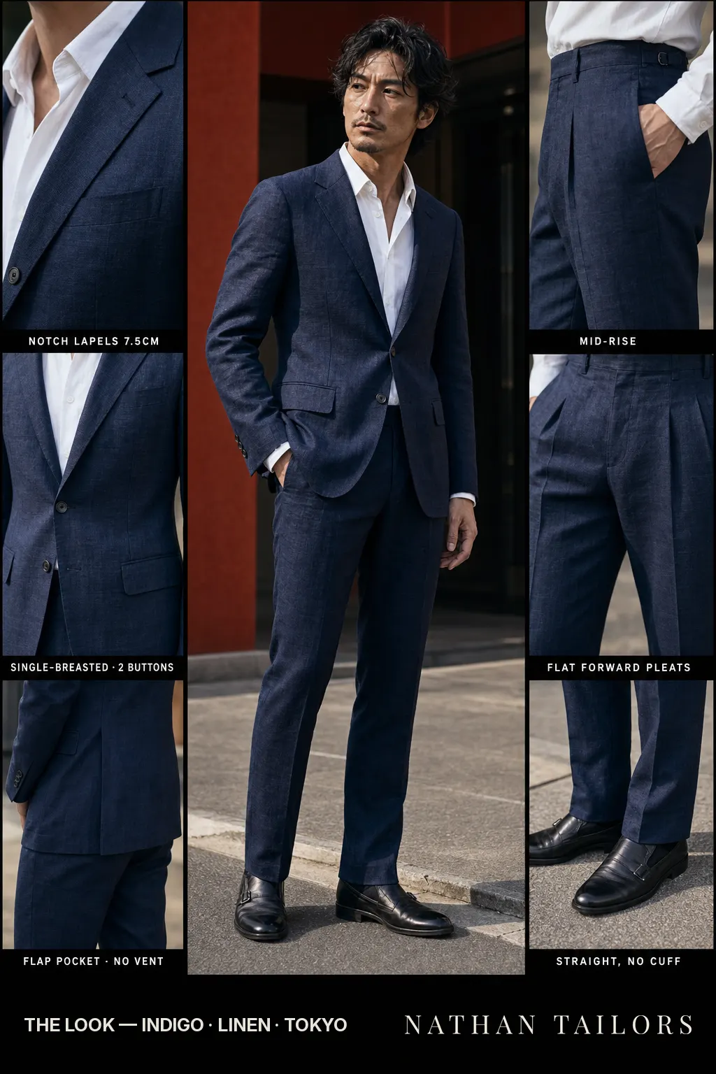 indigo single-breasted notch-lapel bespoke suit โ AI-rendered by Nathan Tailors, the Hoi An custom tailor. Available as a custom tailored suit from $149.