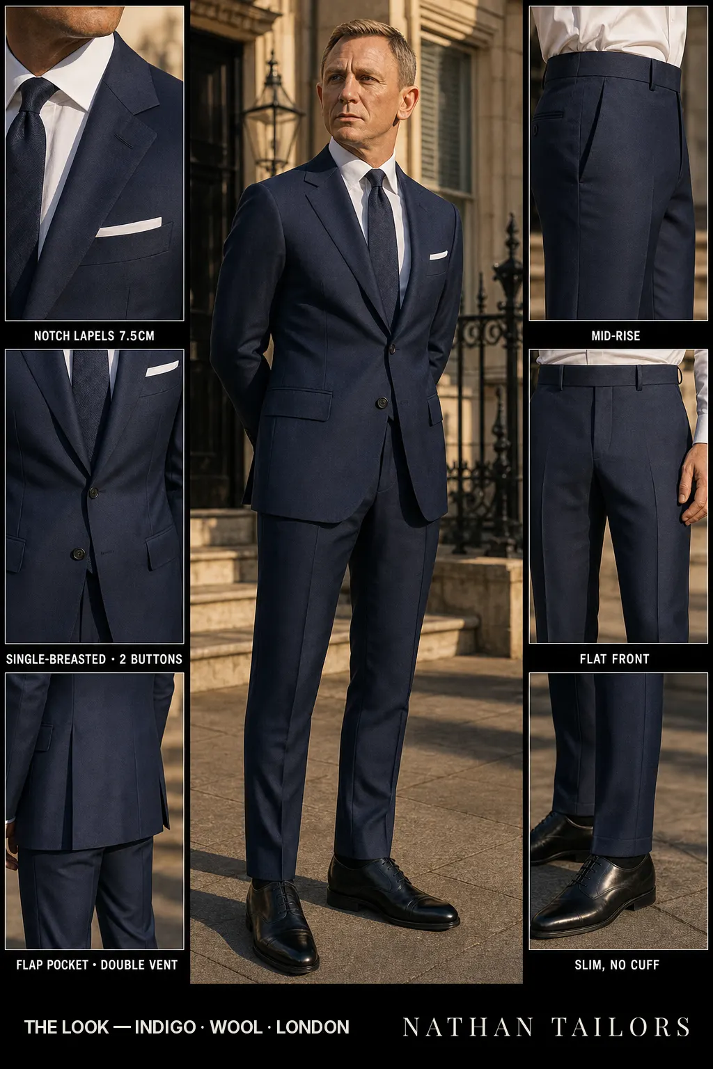 indigo single-breasted notch-lapel bespoke suit — AI-rendered by Nathan Tailors, the Hoi An custom tailor. Available as a custom tailored suit from $149.