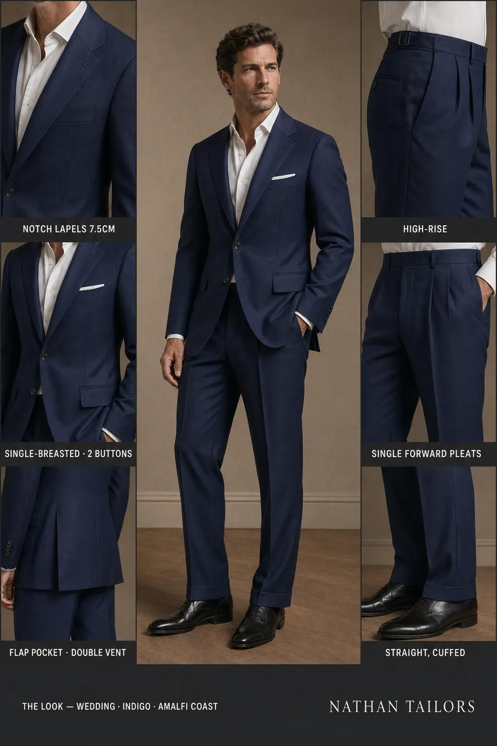 indigo single-breasted notch-lapel bespoke suit — AI-rendered by Nathan Tailors, the Hoi An custom tailor. Available as a custom tailored suit from $149.