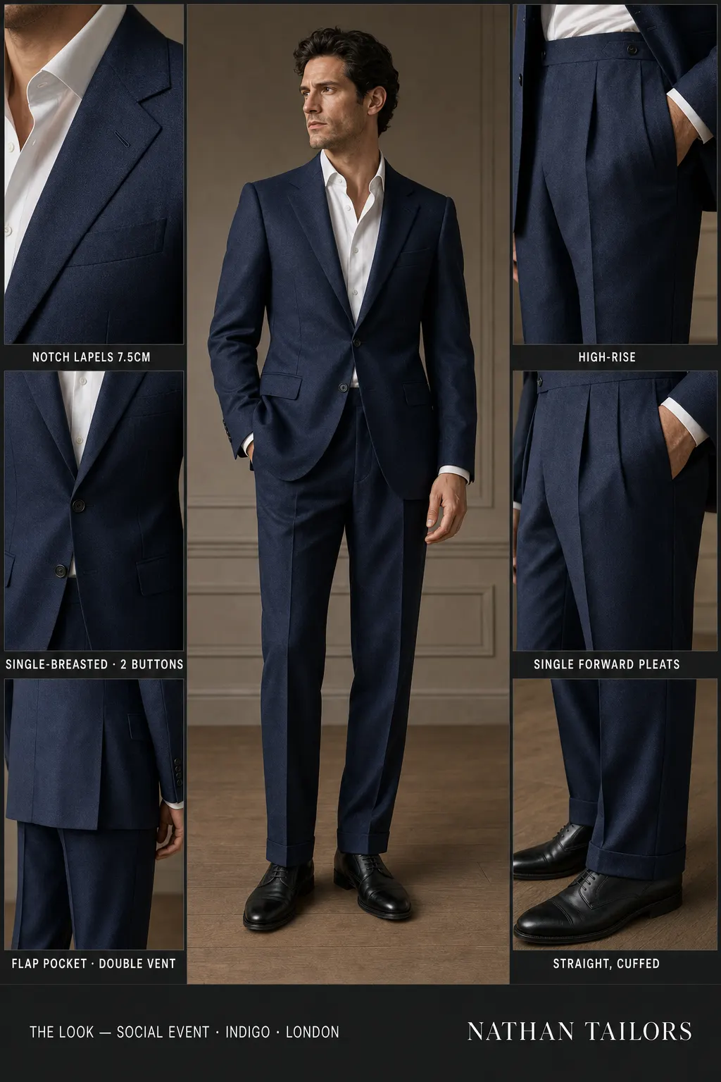 indigo single-breasted notch-lapel bespoke suit — AI-rendered by Nathan Tailors, the Hoi An custom tailor. Available as a custom tailored suit from $149.