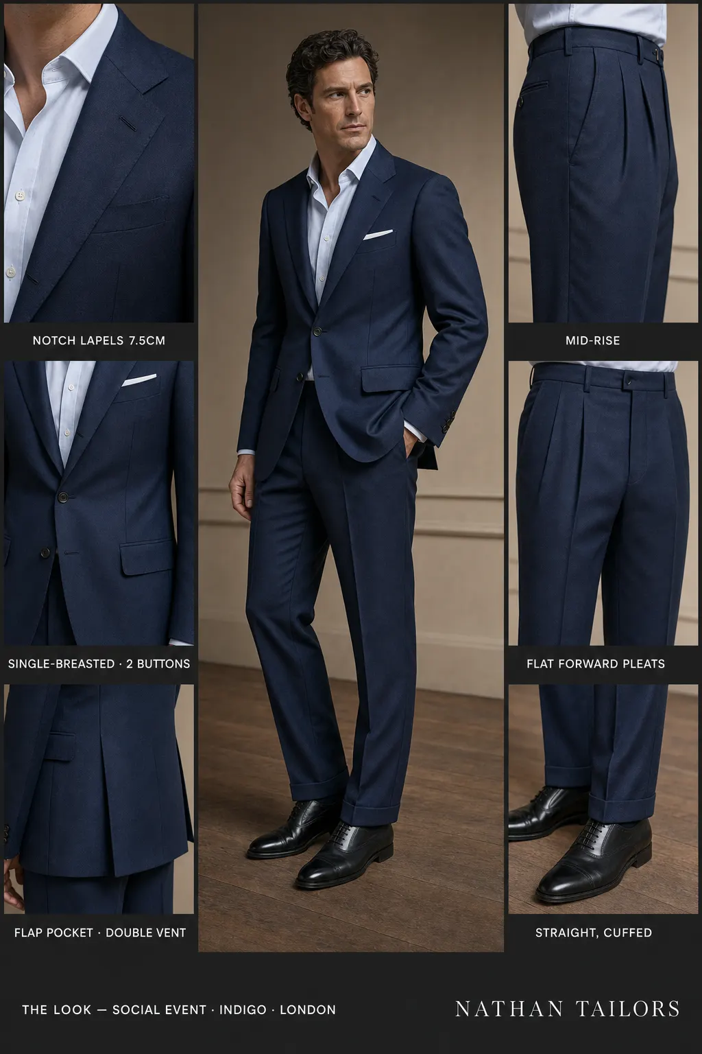 indigo single-breasted notch-lapel bespoke suit — AI-rendered by Nathan Tailors, the Hoi An custom tailor. Available as a custom tailored suit from $149.